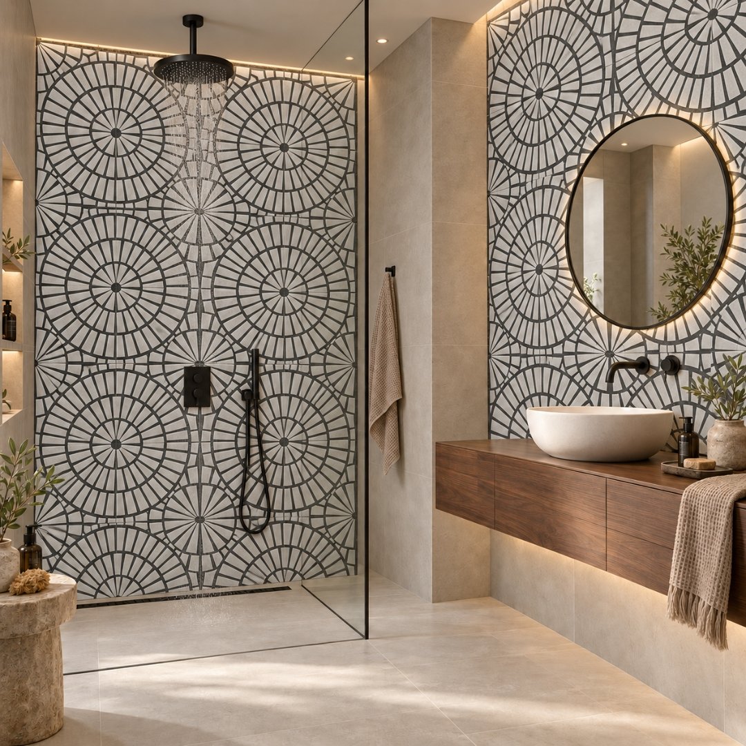 Exotica Cerchio Di Mattoni Black, geometric wall tile for bathroom
